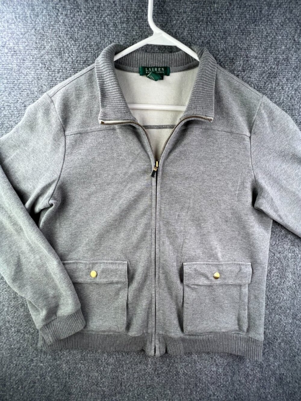Lauren Ralph Lauren Women's Large Gray Knit Full Zip Jacket Sweater Pockets